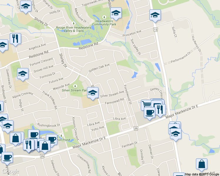 map of restaurants, bars, coffee shops, grocery stores, and more near Walnut Grove Crescent in Richmond Hill