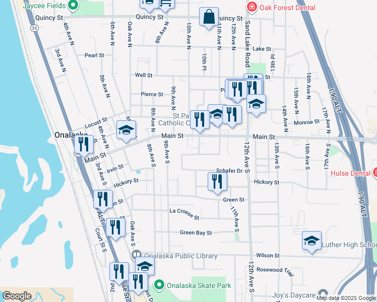 map of restaurants, bars, coffee shops, grocery stores, and more near 949 Westview Circle Drive in Onalaska