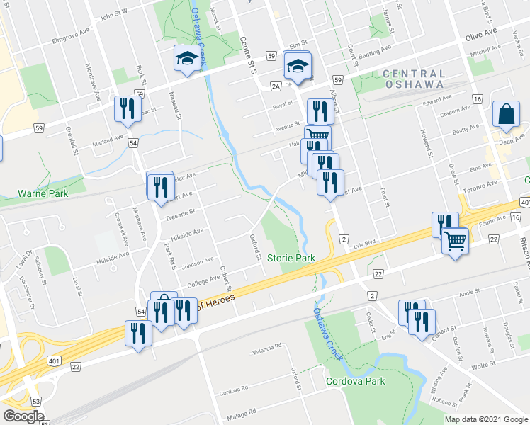 map of restaurants, bars, coffee shops, grocery stores, and more near Mill Street in Oshawa