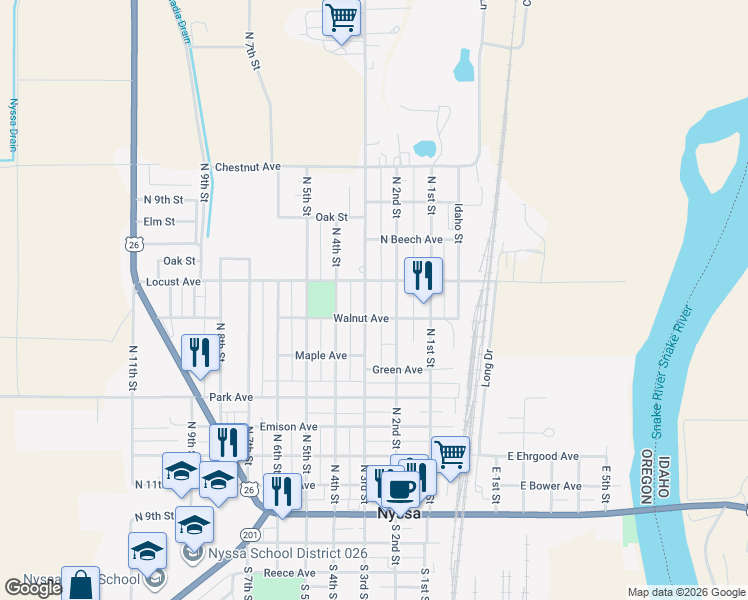 map of restaurants, bars, coffee shops, grocery stores, and more near 625 North 2nd Street in Nyssa