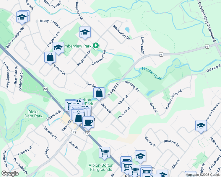 map of restaurants, bars, coffee shops, grocery stores, and more near 181 King Street East in Caledon