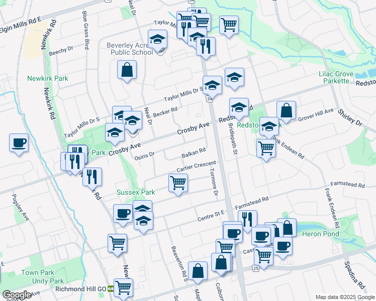 map of restaurants, bars, coffee shops, grocery stores, and more near 417 Balkan Road in Richmond Hill