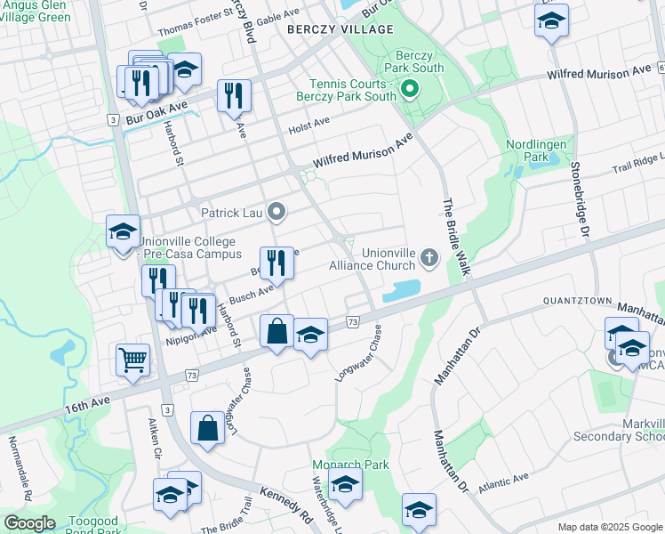 map of restaurants, bars, coffee shops, grocery stores, and more near 75 Busch Avenue in Markham