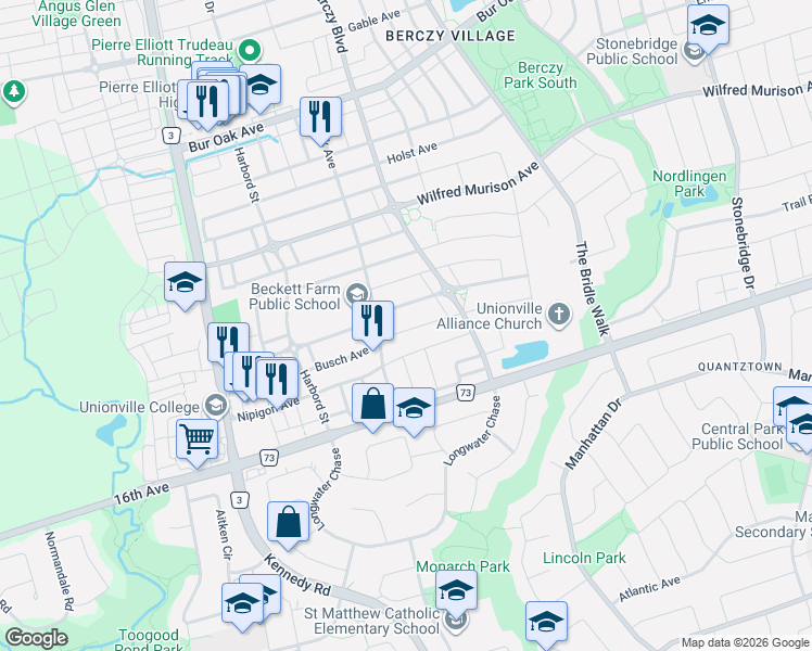 map of restaurants, bars, coffee shops, grocery stores, and more near 94 Beckett Avenue in Markham