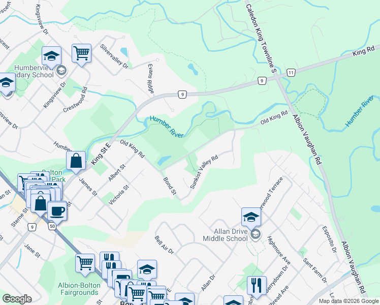 map of restaurants, bars, coffee shops, grocery stores, and more near 145 Old King Road in Caledon
