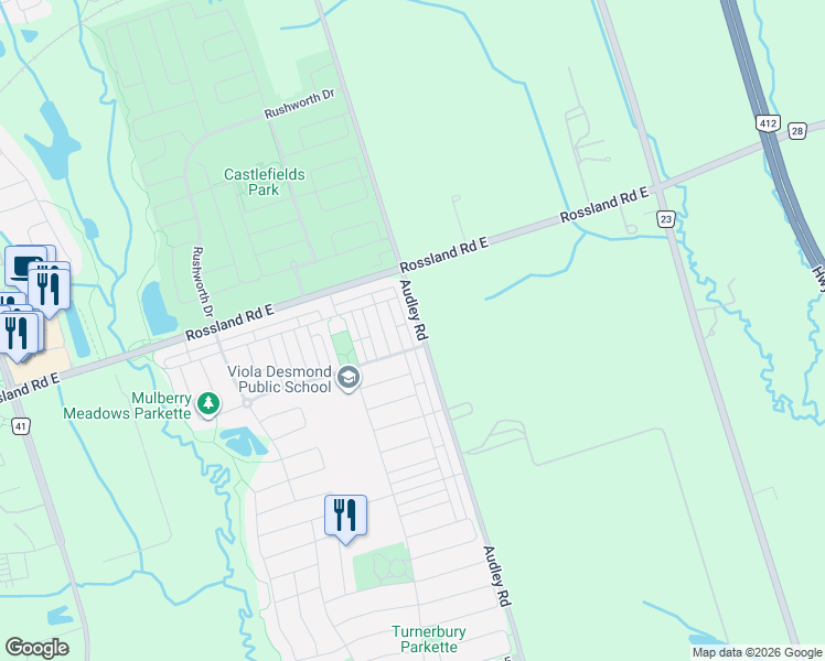 map of restaurants, bars, coffee shops, grocery stores, and more near 946 Audley Road in Ajax