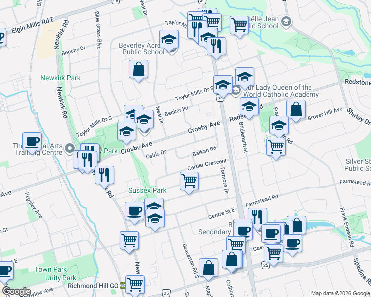 map of restaurants, bars, coffee shops, grocery stores, and more near 394 Osiris Drive in Richmond Hill