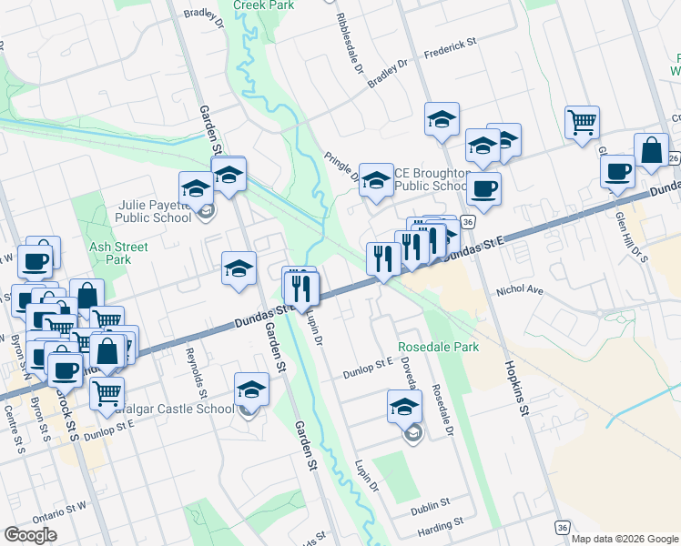 map of restaurants, bars, coffee shops, grocery stores, and more near 900 Dundas Street East in Whitby
