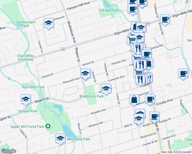 map of restaurants, bars, coffee shops, grocery stores, and more near 180 Trayborn Drive in Richmond Hill