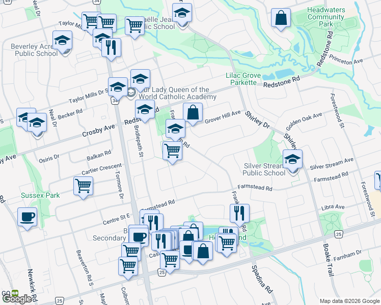 map of restaurants, bars, coffee shops, grocery stores, and more near 140 Frank Endean Road in Richmond Hill