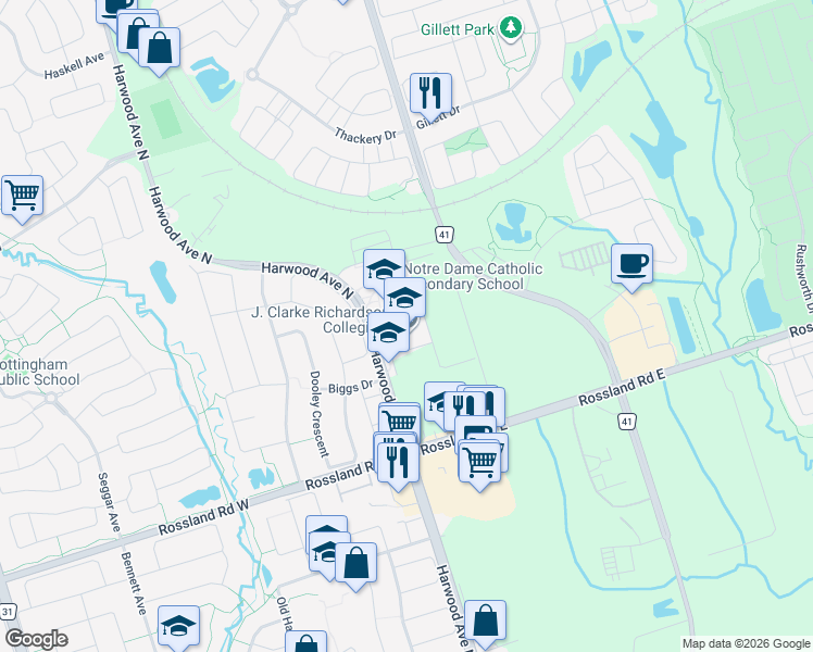 map of restaurants, bars, coffee shops, grocery stores, and more near 1355 Harwood Avenue North in Ajax
