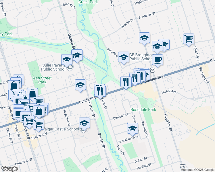 map of restaurants, bars, coffee shops, grocery stores, and more near in Whitby