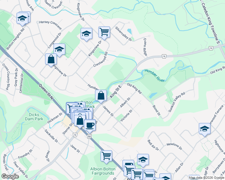 map of restaurants, bars, coffee shops, grocery stores, and more near 181 King Street East in Caledon