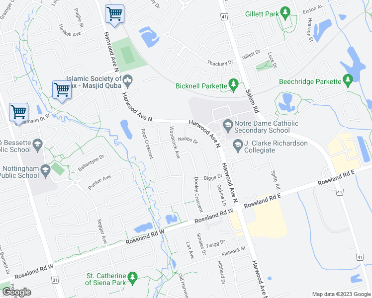 map of restaurants, bars, coffee shops, grocery stores, and more near 168 Dooley Crescent in Ajax