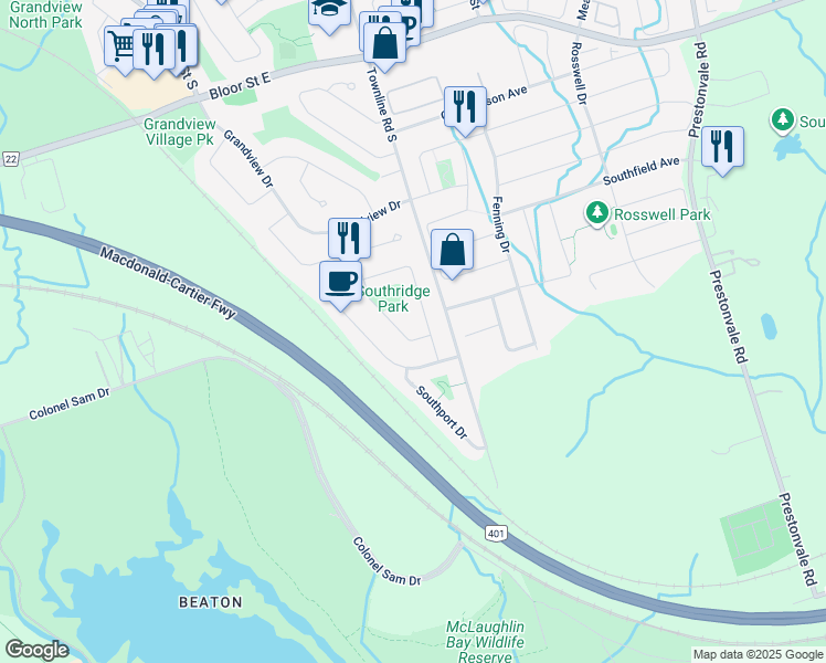 map of restaurants, bars, coffee shops, grocery stores, and more near 929 Southdown Drive in Oshawa