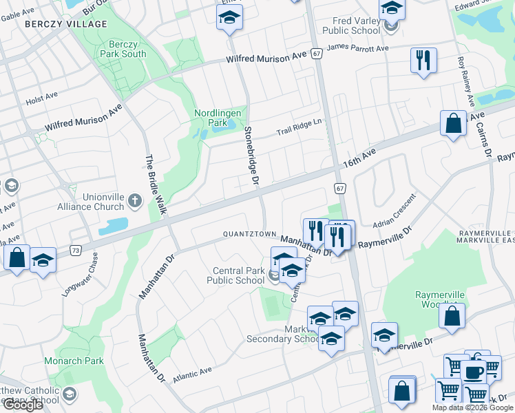 map of restaurants, bars, coffee shops, grocery stores, and more near 20 Saratoga Road in Markham