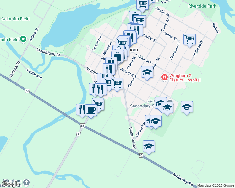 map of restaurants, bars, coffee shops, grocery stores, and more near 100 David Street in Wingham