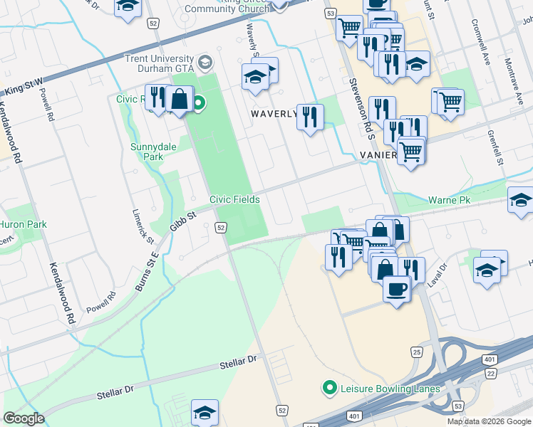 map of restaurants, bars, coffee shops, grocery stores, and more near in Oshawa
