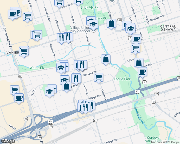 map of restaurants, bars, coffee shops, grocery stores, and more near 226 Tresane Street in Oshawa
