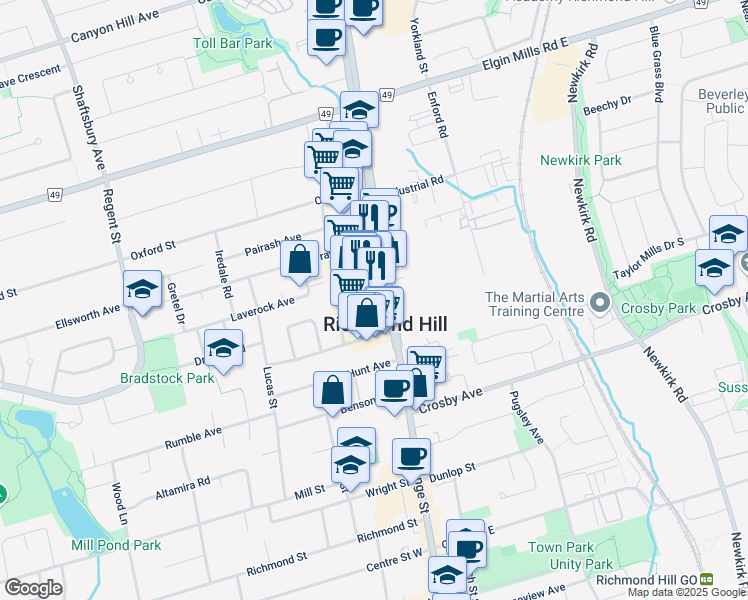 map of restaurants, bars, coffee shops, grocery stores, and more near 10520 Yonge Street in Richmond Hill