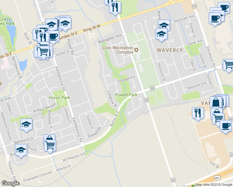 map of restaurants, bars, coffee shops, grocery stores, and more near 284 Belfast Court in Oshawa