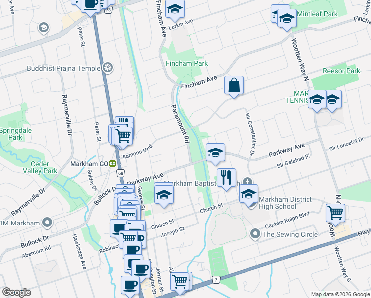 map of restaurants, bars, coffee shops, grocery stores, and more near 6 Paramount Road in Markham