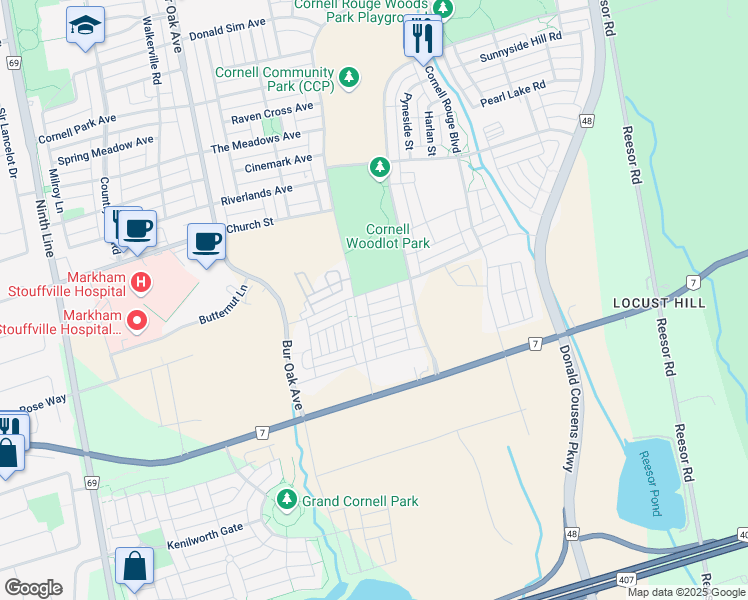 map of restaurants, bars, coffee shops, grocery stores, and more near 187 Rustle Woods Avenue in Markham