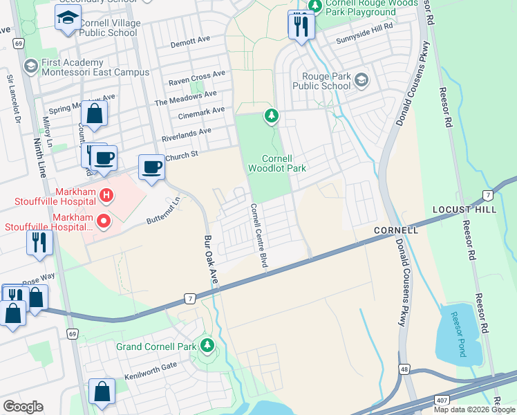 map of restaurants, bars, coffee shops, grocery stores, and more near 105 Cornell Centre Boulevard in Markham
