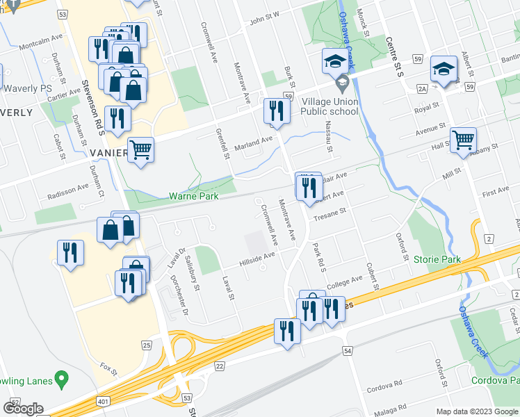 map of restaurants, bars, coffee shops, grocery stores, and more near 426 Cromwell Avenue in Oshawa
