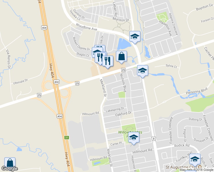 map of restaurants, bars, coffee shops, grocery stores, and more near 66 Starhill Crescent in Markham