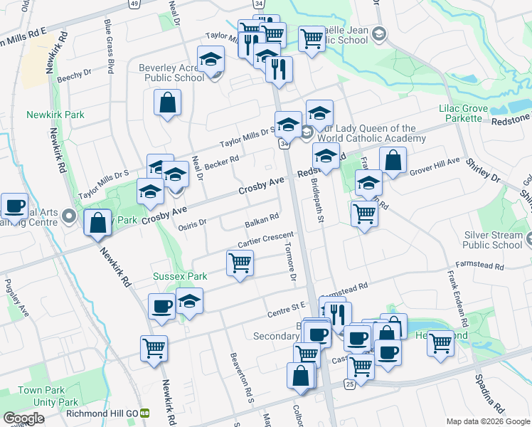 map of restaurants, bars, coffee shops, grocery stores, and more near 435 Balkan Road in Richmond Hill