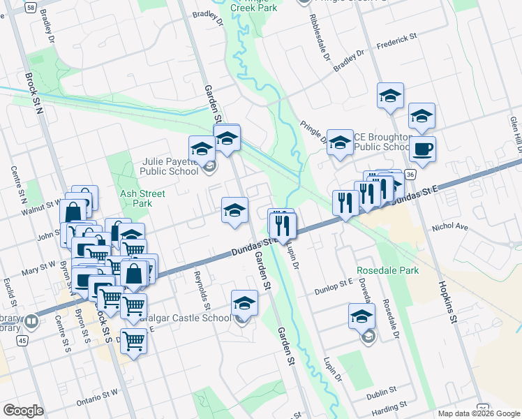 map of restaurants, bars, coffee shops, grocery stores, and more near 76 Salmon Way in Whitby