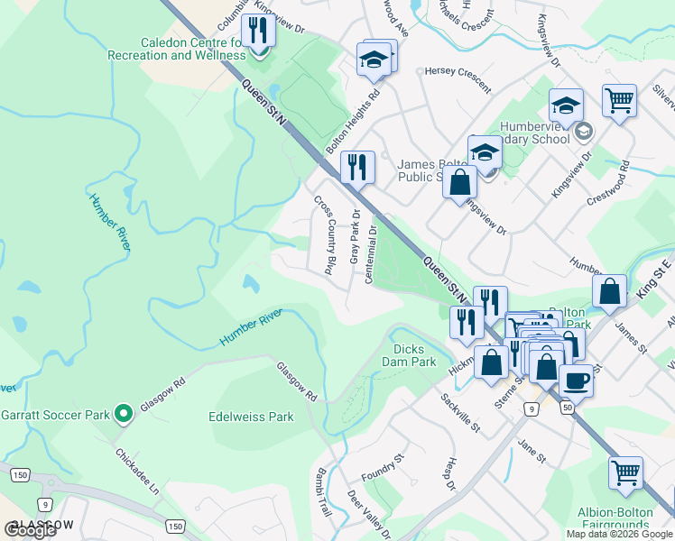 map of restaurants, bars, coffee shops, grocery stores, and more near 50 Cross Country Boulevard in Bolton