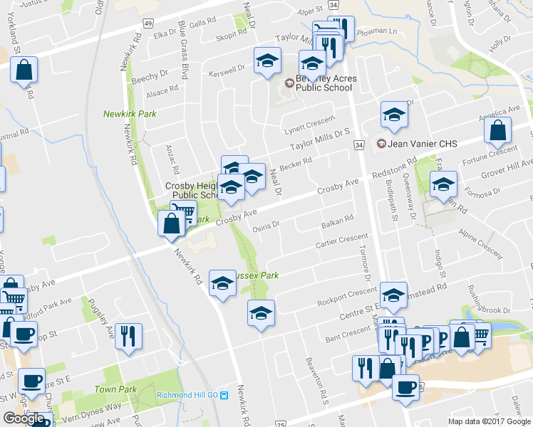 map of restaurants, bars, coffee shops, grocery stores, and more near 340 Crosby Avenue in Richmond Hill