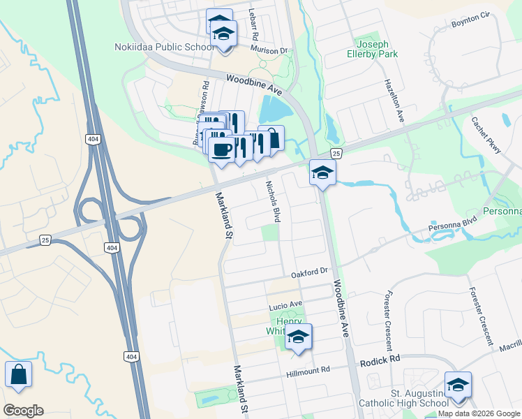 map of restaurants, bars, coffee shops, grocery stores, and more near 49 Calico Crescent in Markham