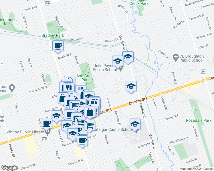 map of restaurants, bars, coffee shops, grocery stores, and more near in Whitby