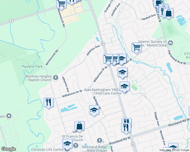 map of restaurants, bars, coffee shops, grocery stores, and more near in Ajax