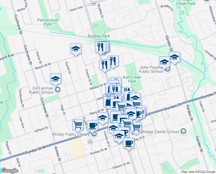 map of restaurants, bars, coffee shops, grocery stores, and more near 310 Brock Street North in Whitby