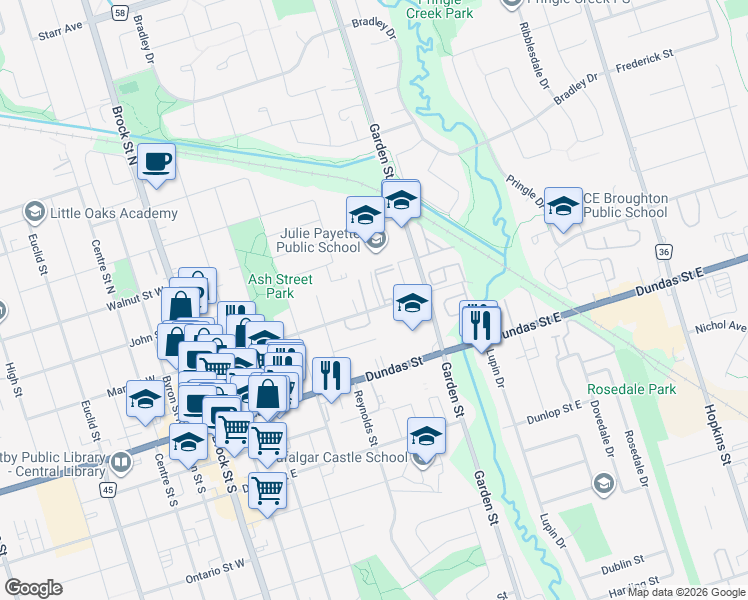 map of restaurants, bars, coffee shops, grocery stores, and more near 544 Mary Street East in Whitby