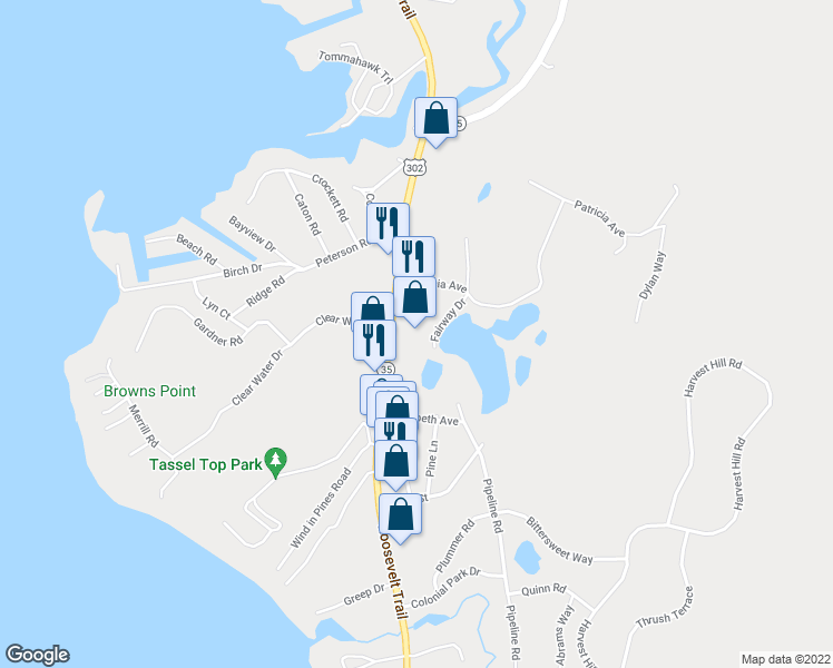 map of restaurants, bars, coffee shops, grocery stores, and more near 1261 Roosevelt Trail in Raymond