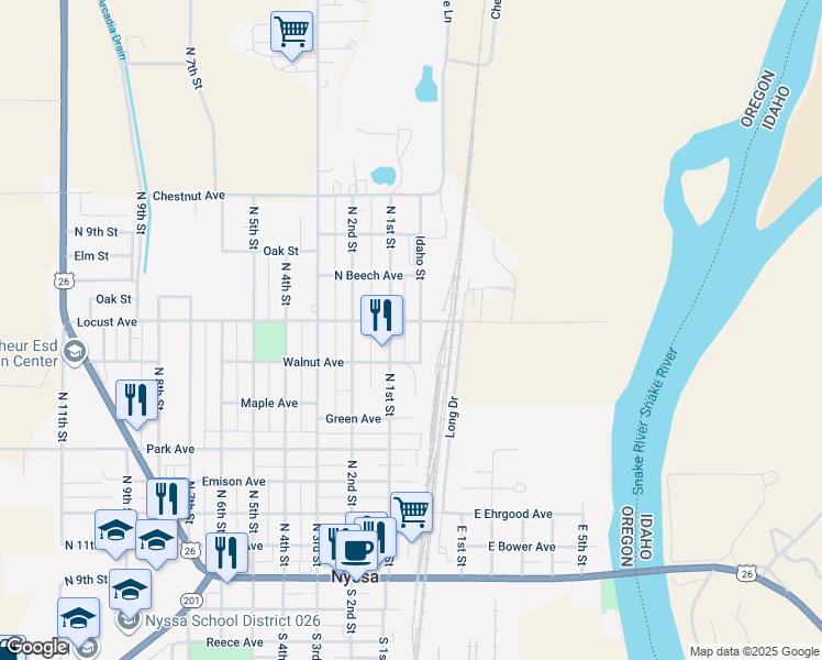 map of restaurants, bars, coffee shops, grocery stores, and more near 51 Locust Avenue in Nyssa