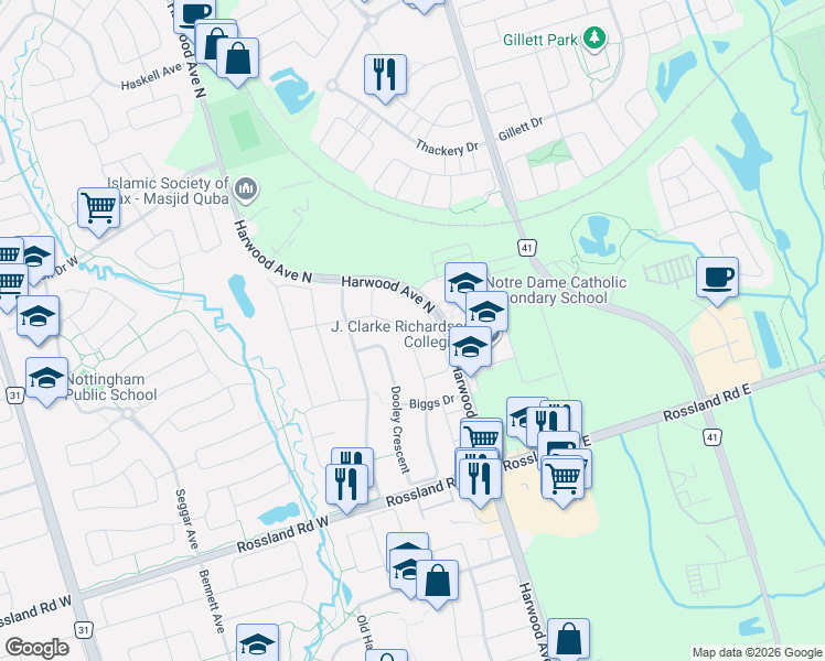 map of restaurants, bars, coffee shops, grocery stores, and more near 29 Nobbs Drive in Ajax