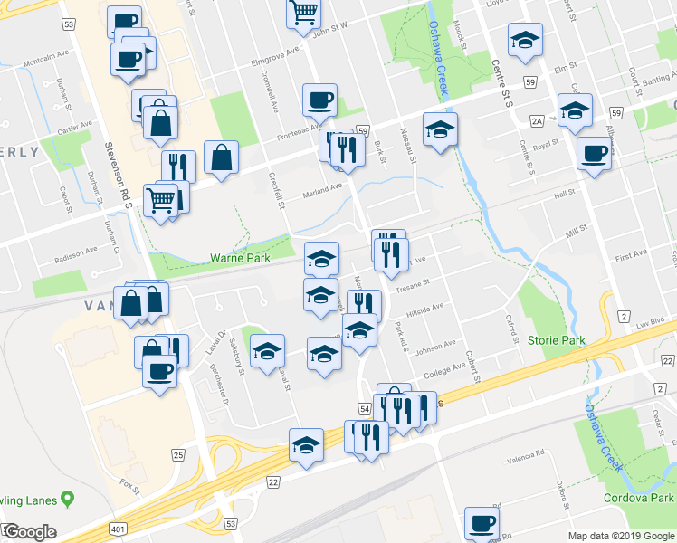 map of restaurants, bars, coffee shops, grocery stores, and more near 426 Cromwell Avenue in Oshawa