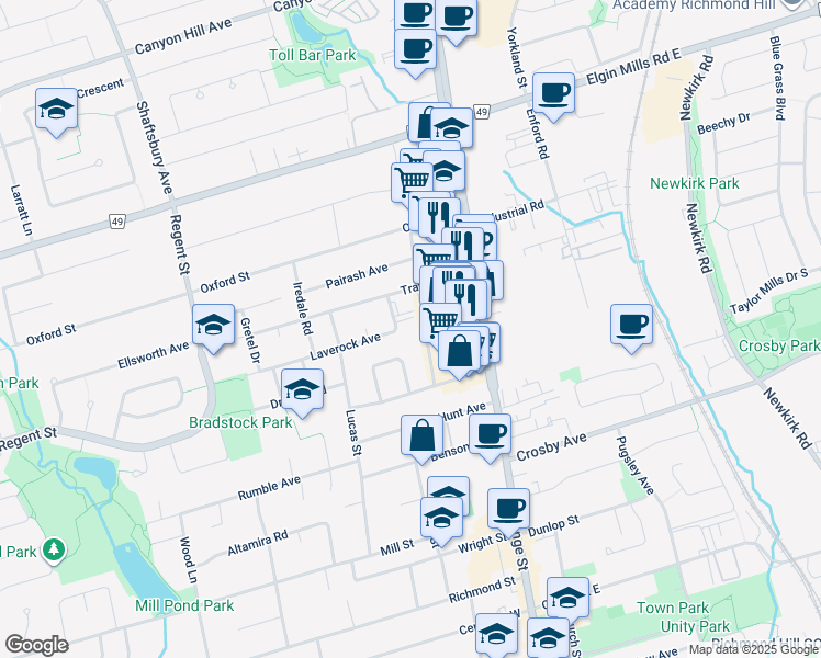 map of restaurants, bars, coffee shops, grocery stores, and more near in Richmond Hill