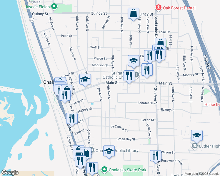 map of restaurants, bars, coffee shops, grocery stores, and more near 109 9th Avenue South in Onalaska