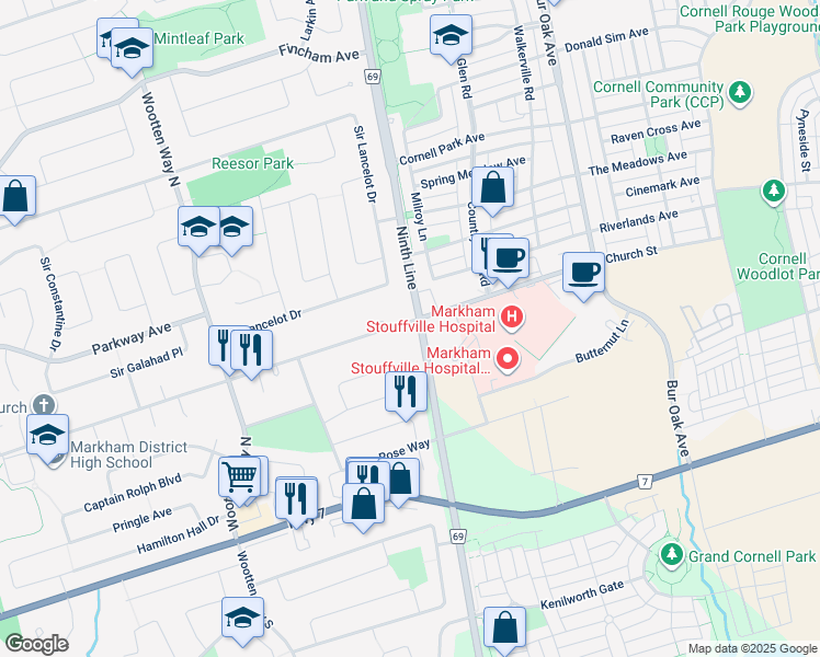map of restaurants, bars, coffee shops, grocery stores, and more near 253 Church Street in Markham