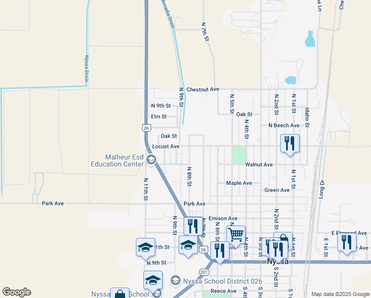 map of restaurants, bars, coffee shops, grocery stores, and more near 803 Locust Avenue in Nyssa