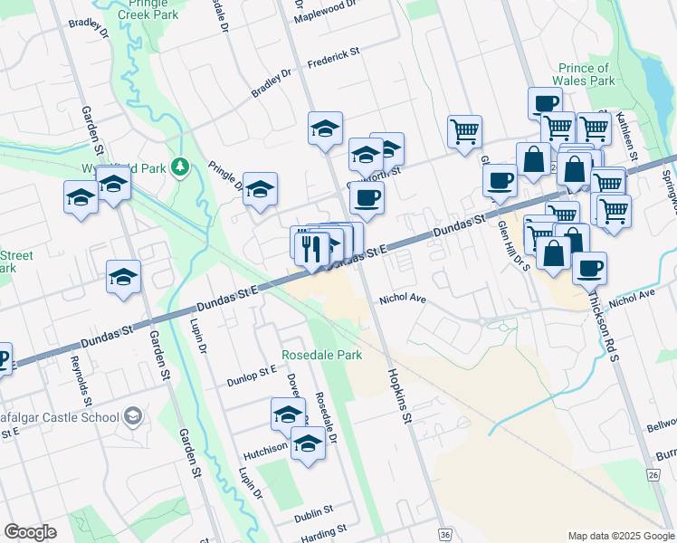 map of restaurants, bars, coffee shops, grocery stores, and more near 1121 Dundas Street East in Whitby