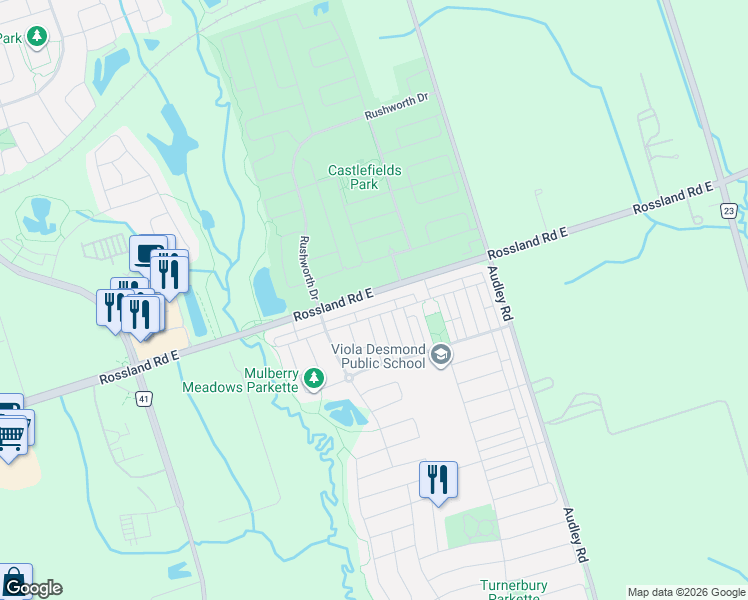 map of restaurants, bars, coffee shops, grocery stores, and more near 497 Rossland Road East in Ajax