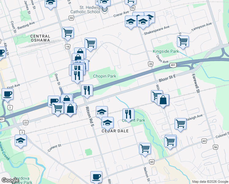map of restaurants, bars, coffee shops, grocery stores, and more near 394 Bloor Street East in Oshawa